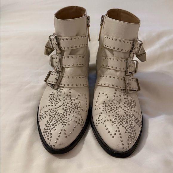 Chloe Shoes - Chloe Studded Cream Ankle Boots with Buckle Straps